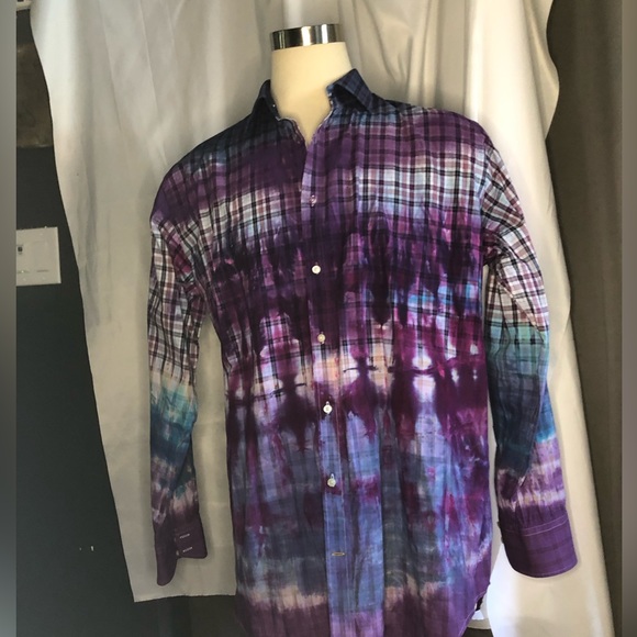 Upcycled One of One tie-dyed Thomas Dean shirt XXL purple box plaid - Picture 2 of 16